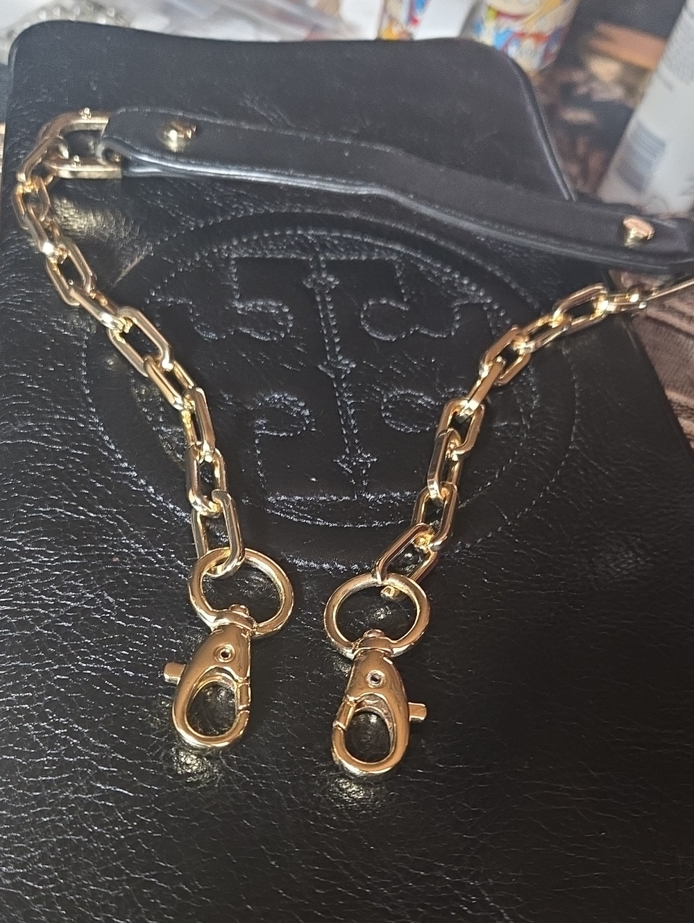 Black Calf Leather Large Clutch Tory Burch Suki Reva shoulder bag gold chain - Picture 8 of 10